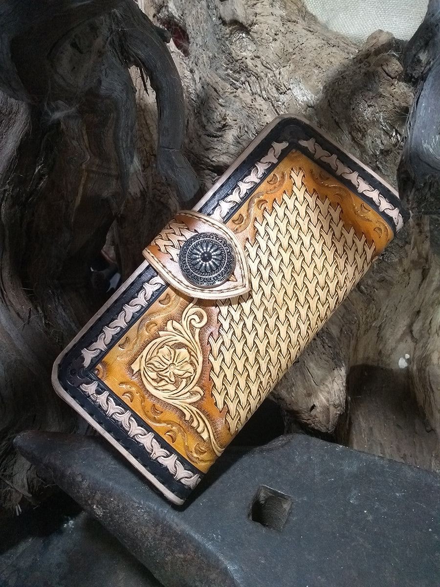 Antique brown & natural long wallet with Sheridan florals and laced weave pattern