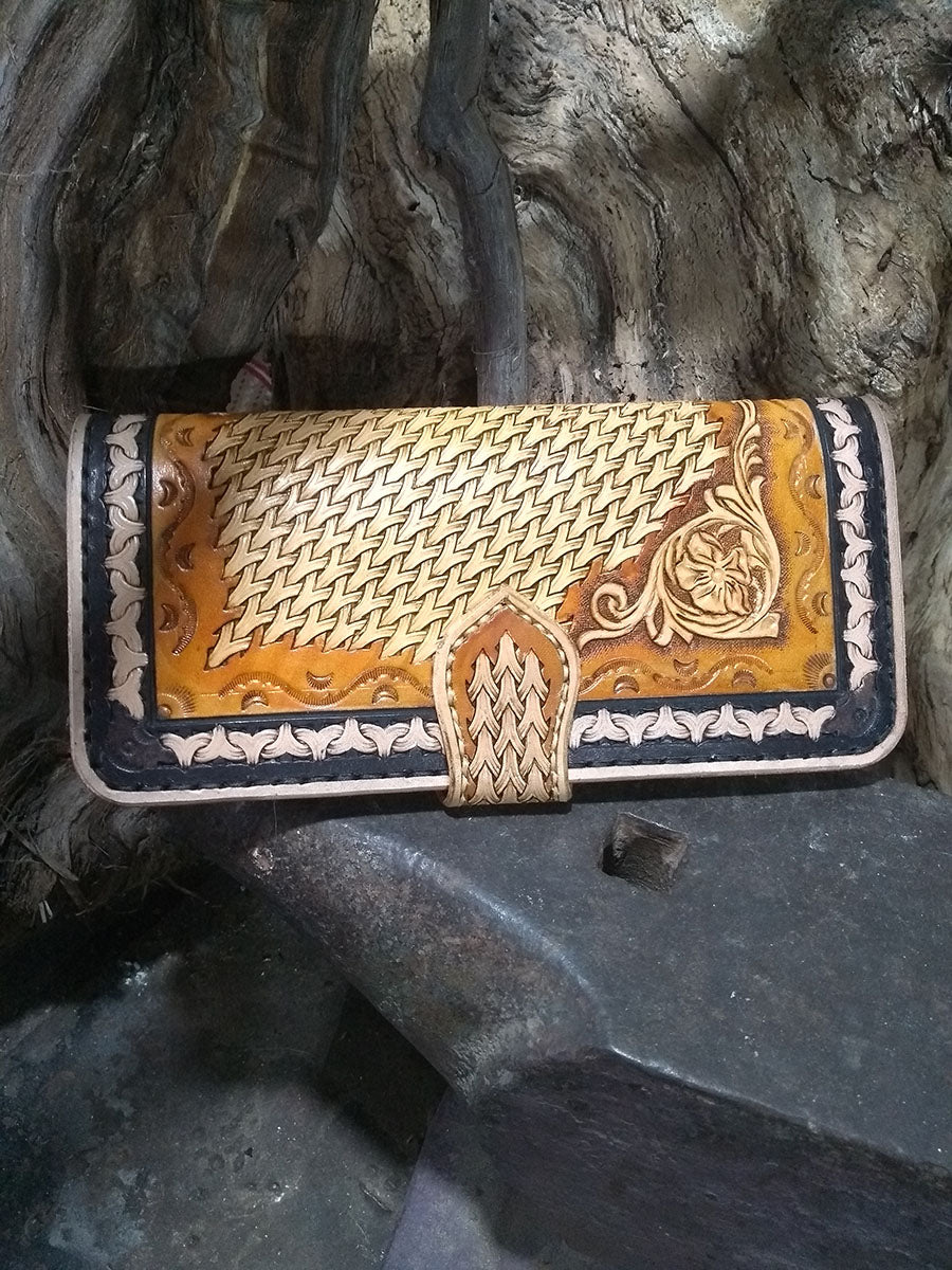 Antique brown & natural long wallet with Sheridan florals and laced weave pattern