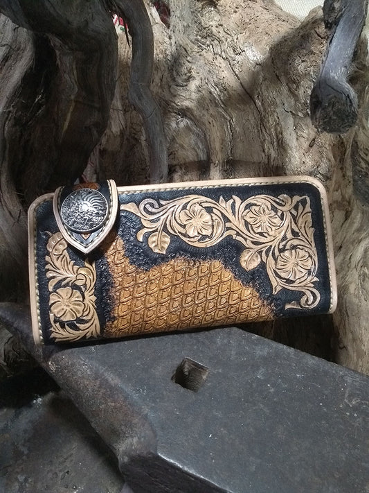 Black and antiqued brown long wallet with Sheridan florals and scaled pattern, hand tooled top grain oak tan leather