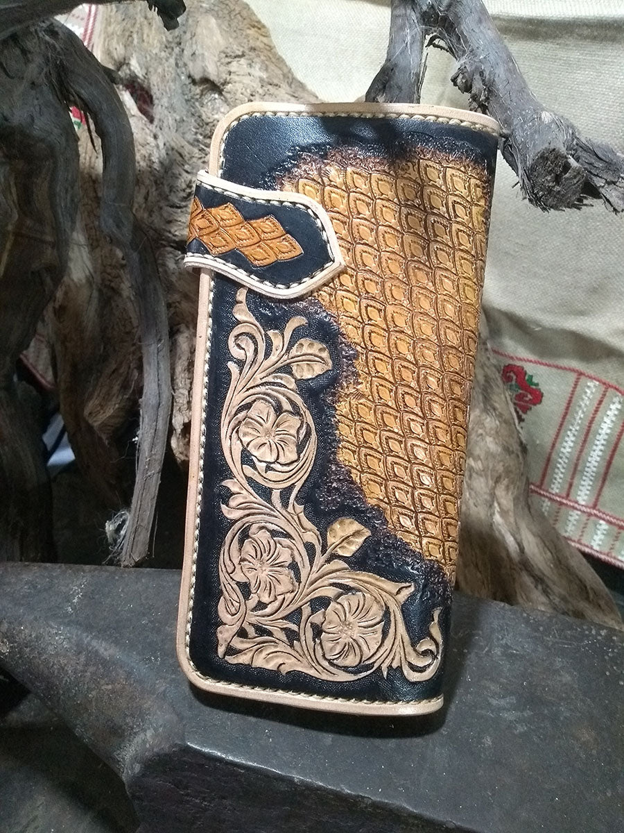 Black and antiqued brown long wallet with Sheridan florals and scaled pattern, hand tooled top grain oak tan leather